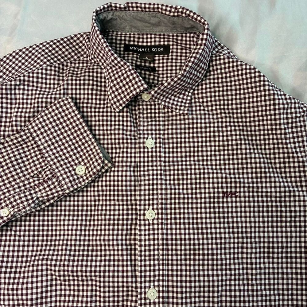 Michael Kors Classic Fit Check Button Down Shirt Burgundy White Men’s Large